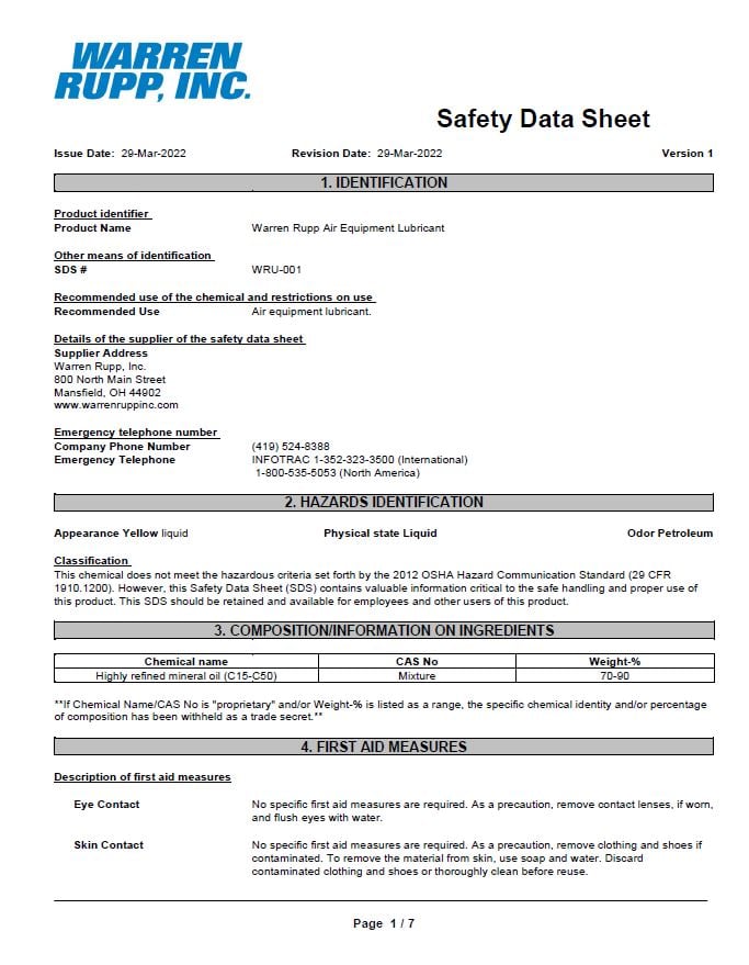 Warren Rupp Air Equipment Lubricant SDS