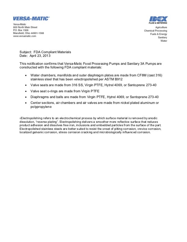 Versamatic FDA Approved Materials Statement 2013