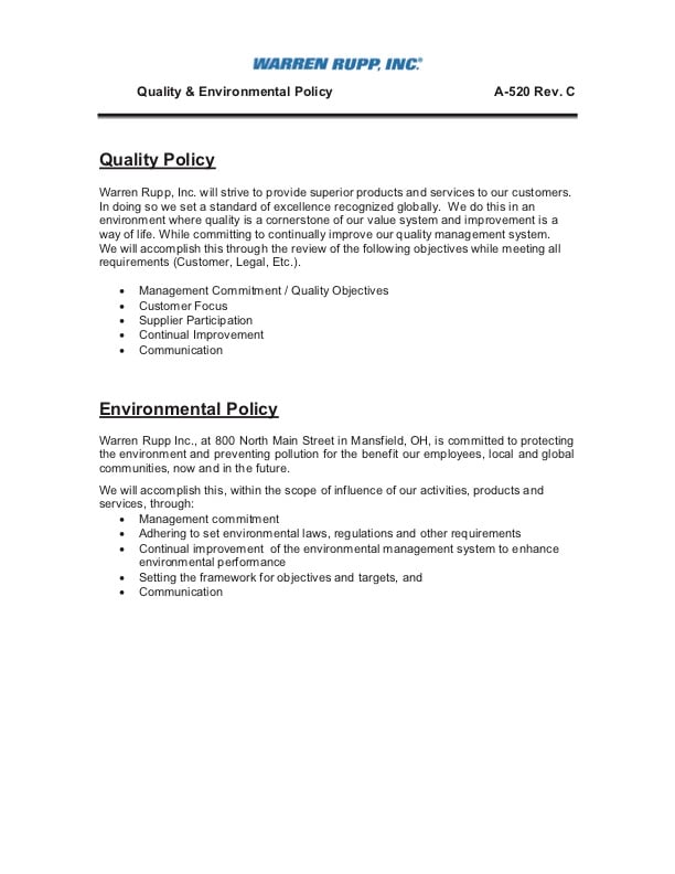 Warren Rupp Quality Environmental Policy
