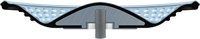 Cross-section of a bicycle saddle with a metal post.