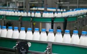 milk bottles on conveyor belt at food and beverage production facility