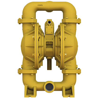 Yellow diaphragm pump with two chambers and pipe connections.