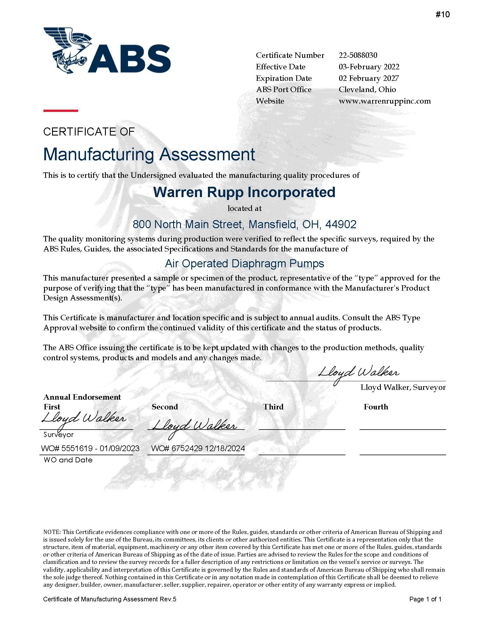 ABS Certificate of Manufacturing
