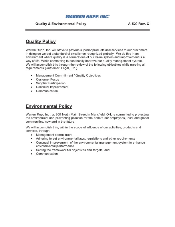 Warren Rupp Quality & Environment Policy